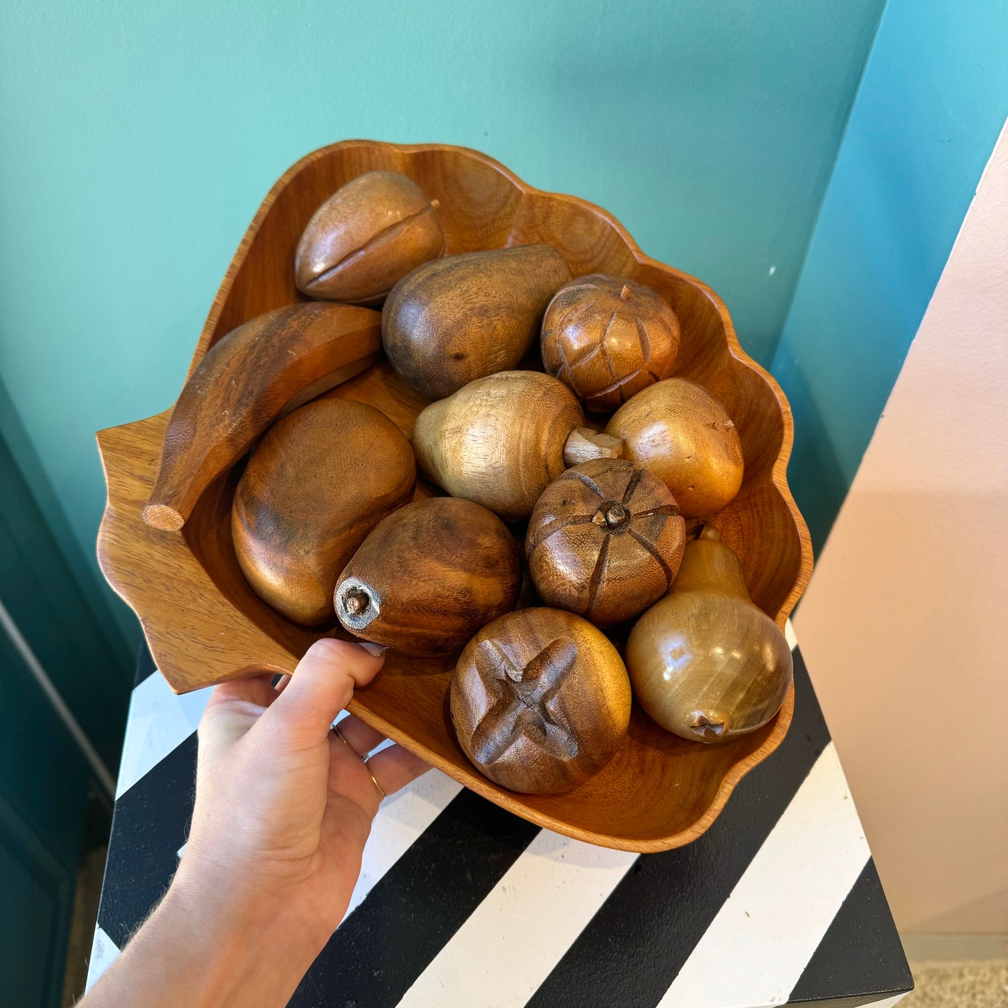 Mid Century Carved Monkey Pod Wooden Fruit and Bowl
