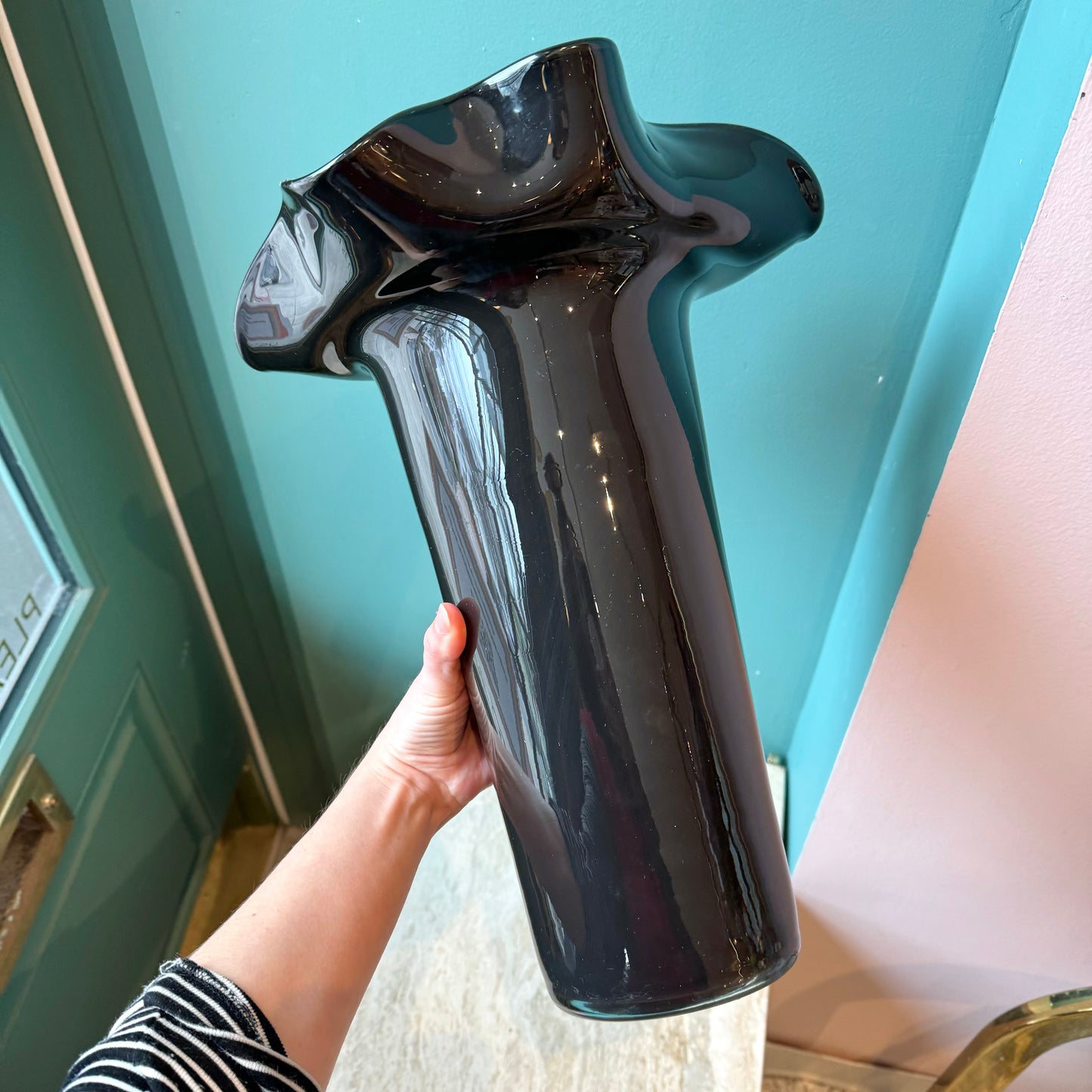 Vintage Tall Ruffled Edge Black Glass Vase