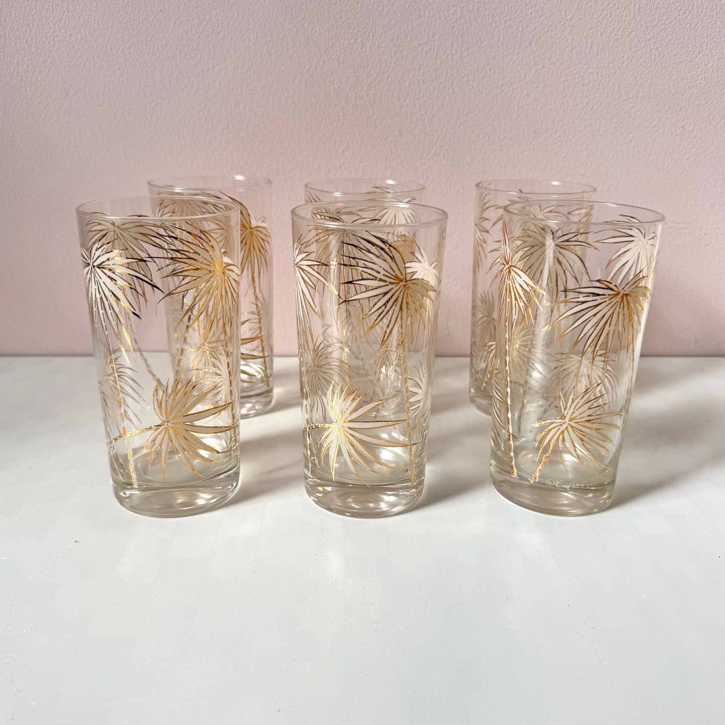Vintage set of 6 Gold Palm Frond High Ball Glasses by Culver Ltd