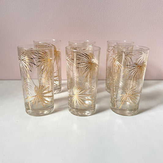 Vintage set of 6 Gold Palm Frond High Ball Glasses by Culver Ltd