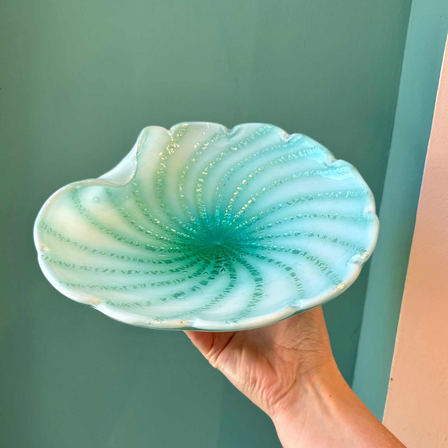 Vintage Murano Glass Large Aqua Green and Silver Leaf Bowl