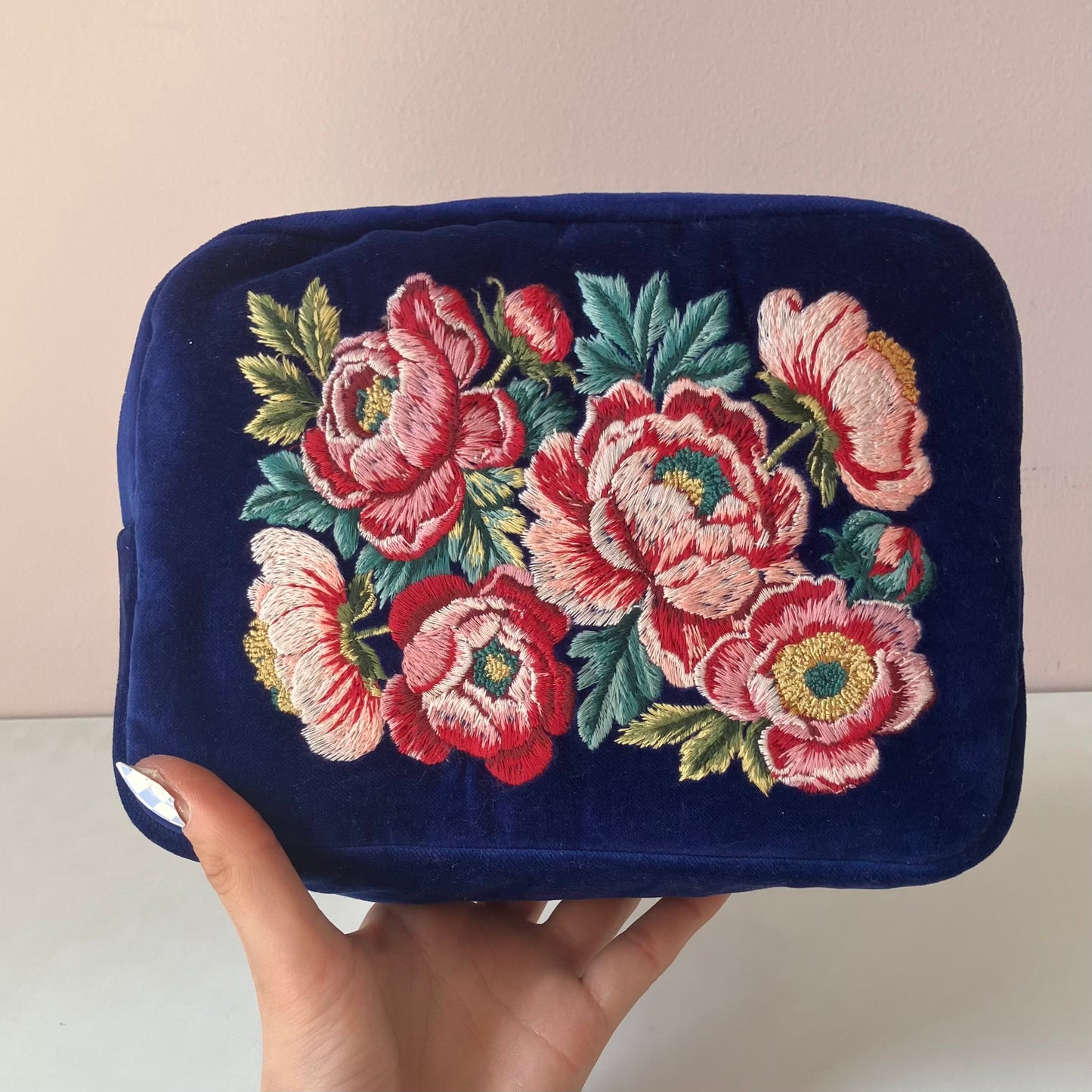 Velvet Embroidered Makeup Bag - Flowers