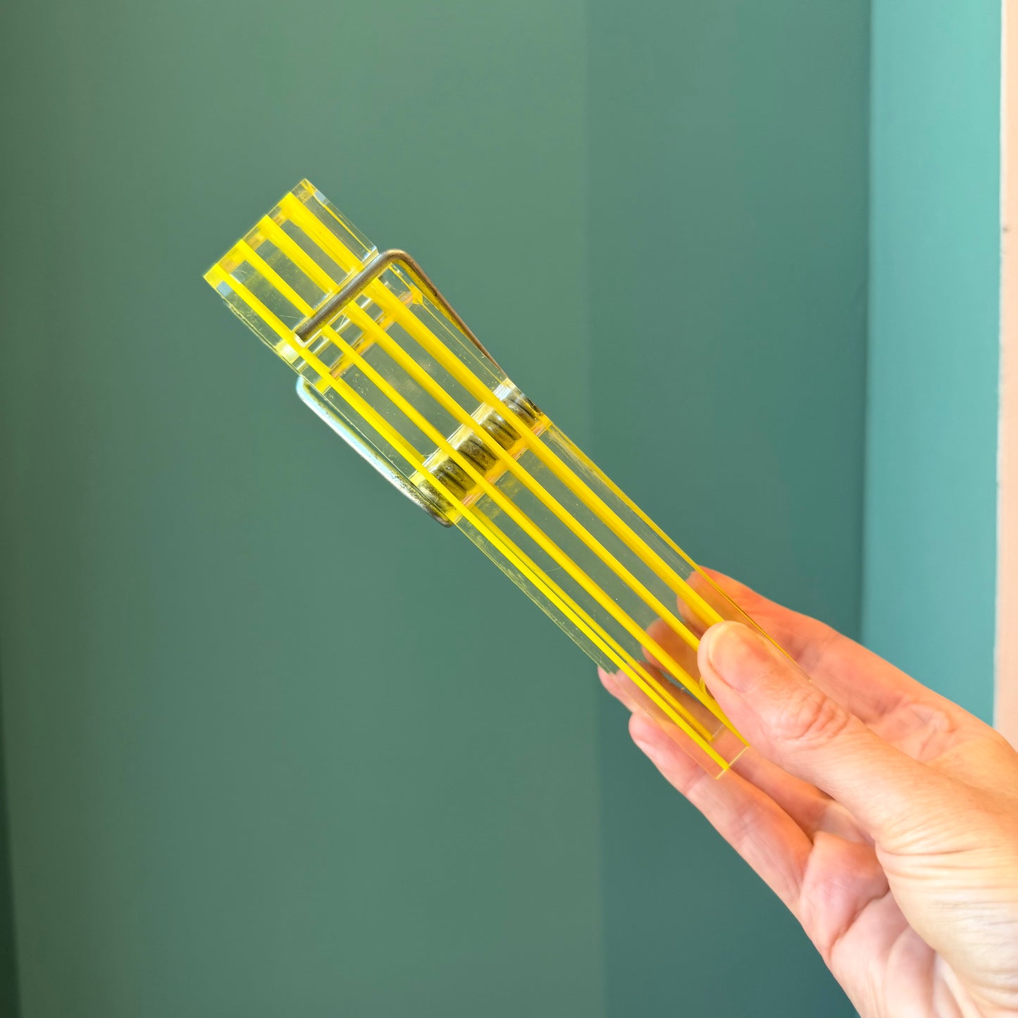 Vintage Mid Century Modern Oversized Bright Yellow Acrylic Clothespin Paperweight