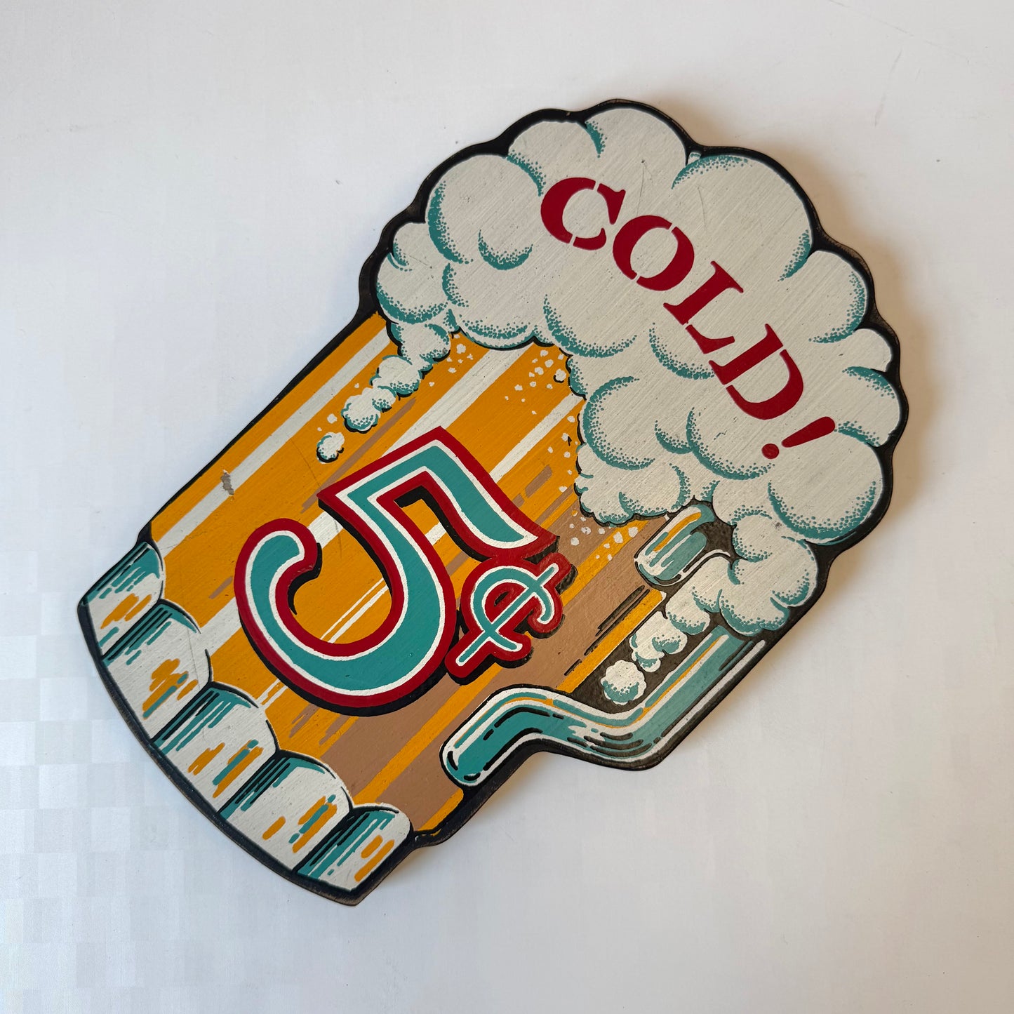 Vintage 1960's Wooden "Cold 5¢" Beer Wall Sign
