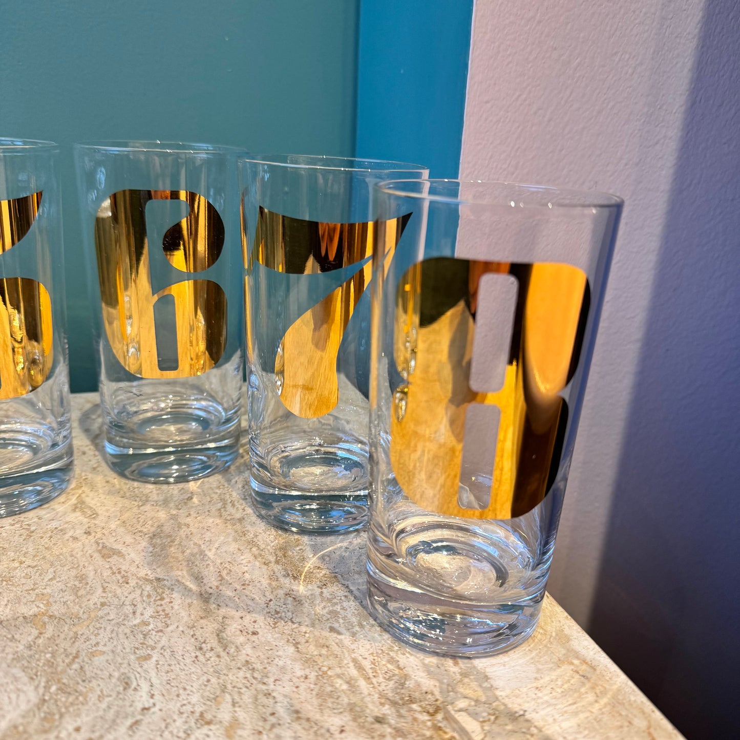 Mid Century Gold Numbered “Morgan” Highball Glasses Set 1-8