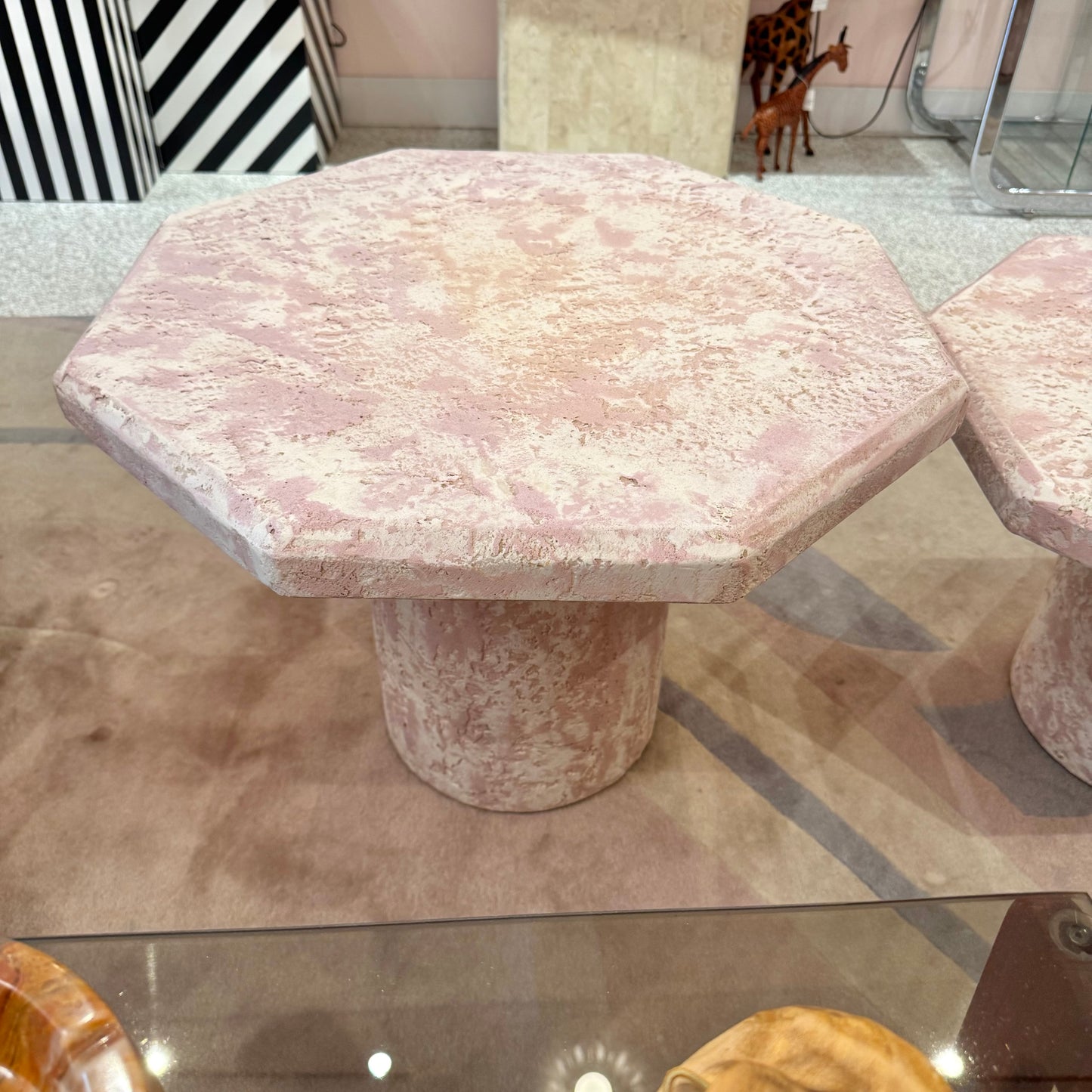 Vintage Set of 3 Pale Pink Octagonal Faux Stone Nesting Tables