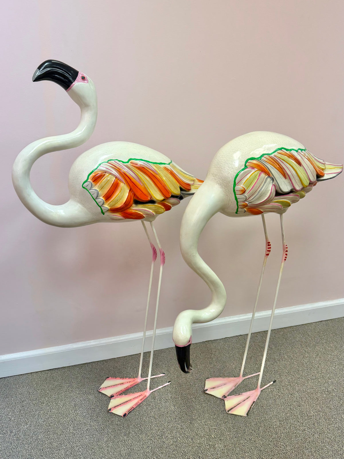 Pair of Extra Large Vintage Mexican Papier- Mache Flamingo Statues