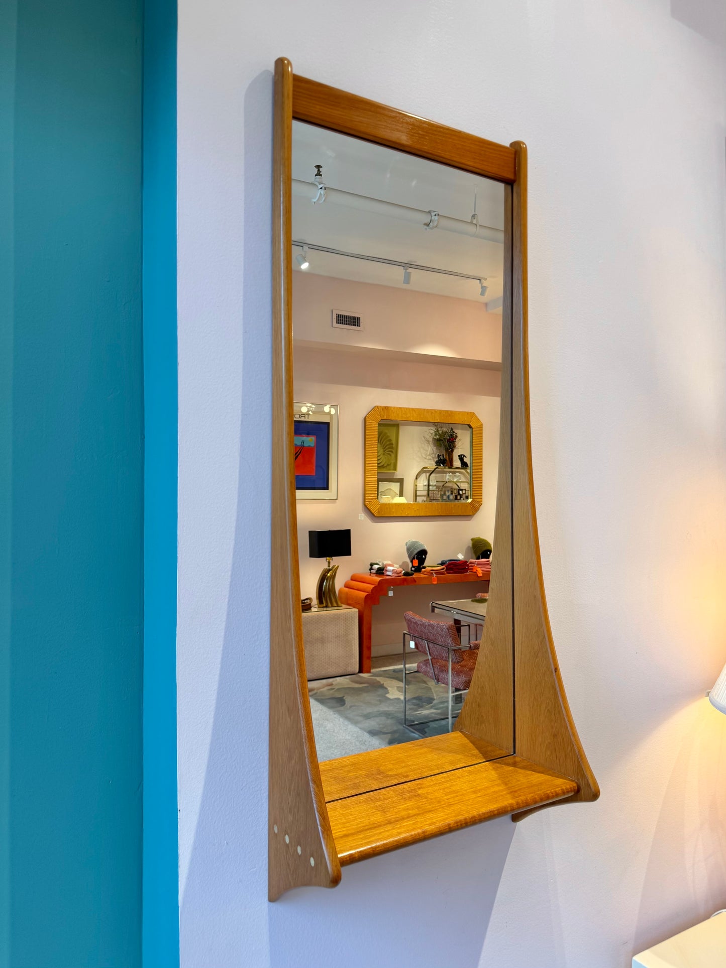 Mid Century Danish Teak Curved Wall Mirror with Shelf by Pedersen and Hansen