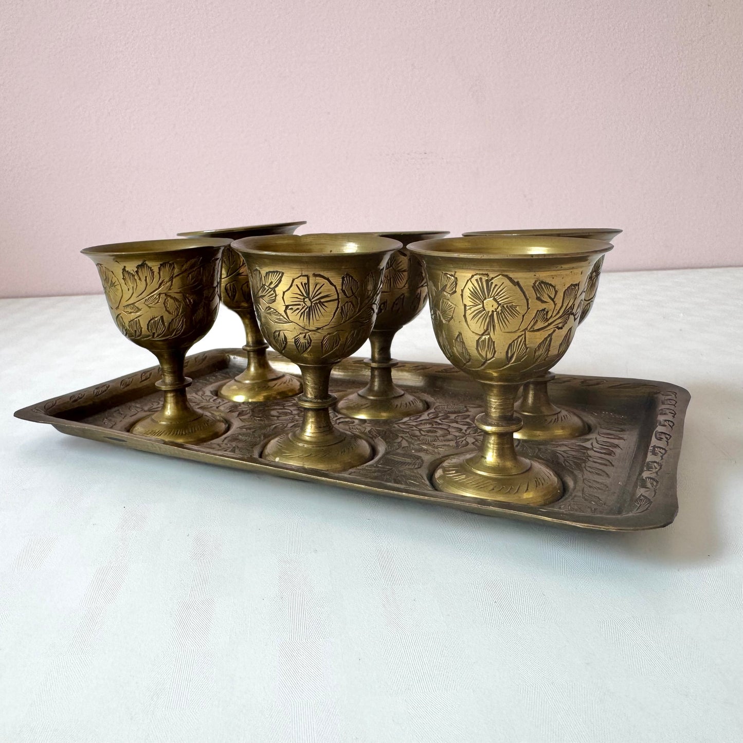 Vintage Set of 6 Brass Cups with Tray