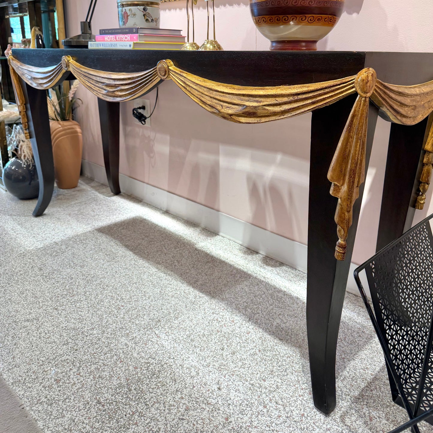 Vintage Dark Wood Console with Gold Gilt Draped Valance Detail