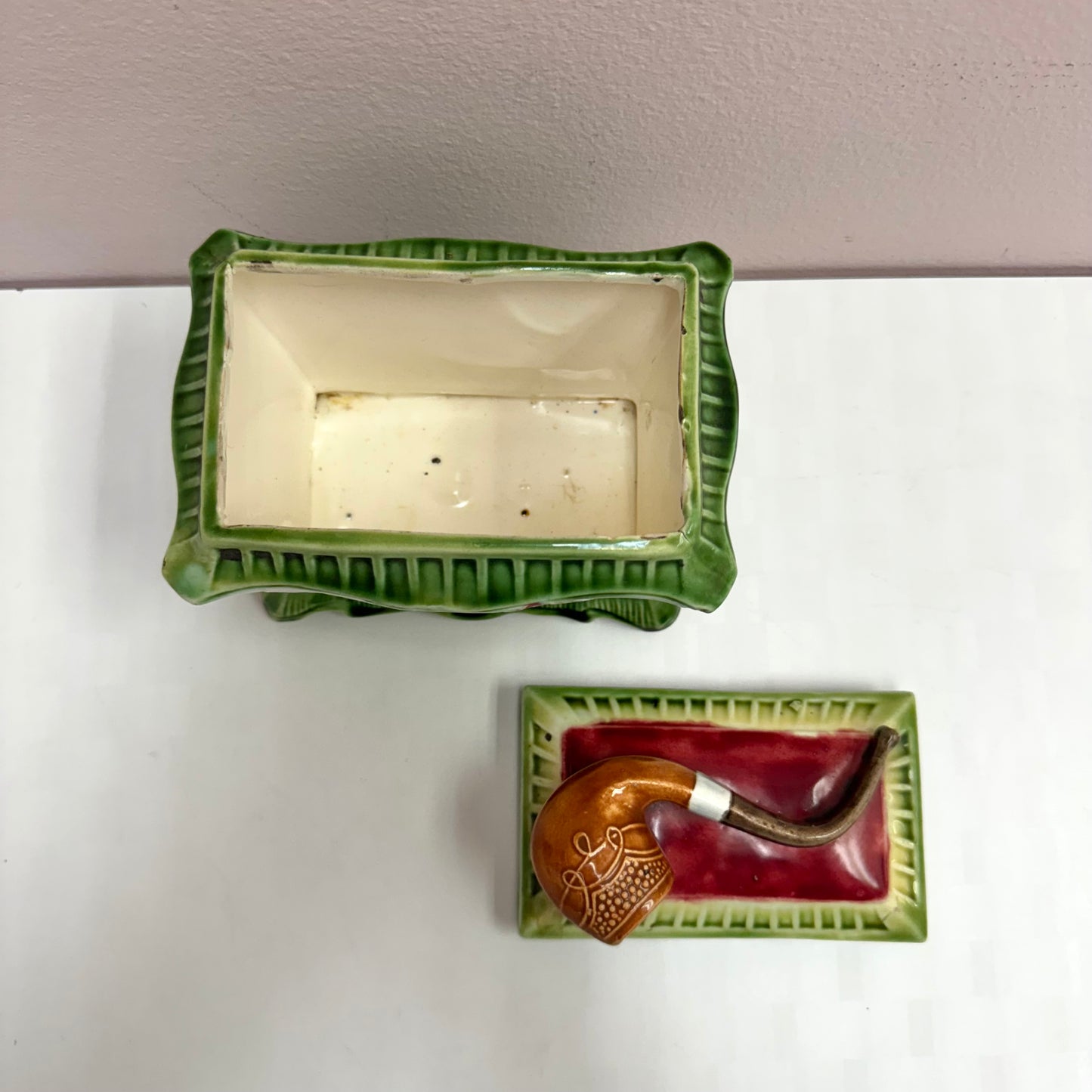 Antique Art Deco Smoking Lady Majolica Pipe Lidded Box