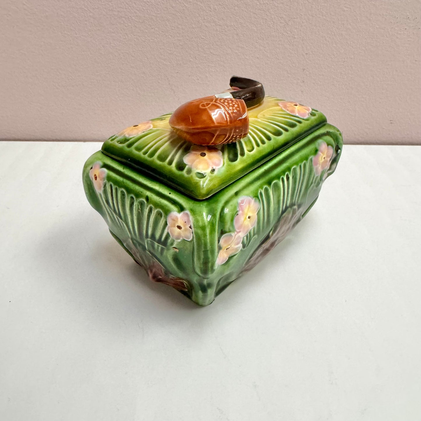 Antique Green Majolica Pipe Lidded Box