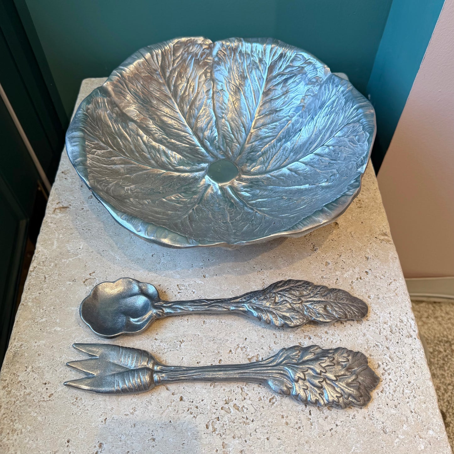 Vintage Wilton Co Pewter Cabbage Leaf Serving Bowl and Utensils