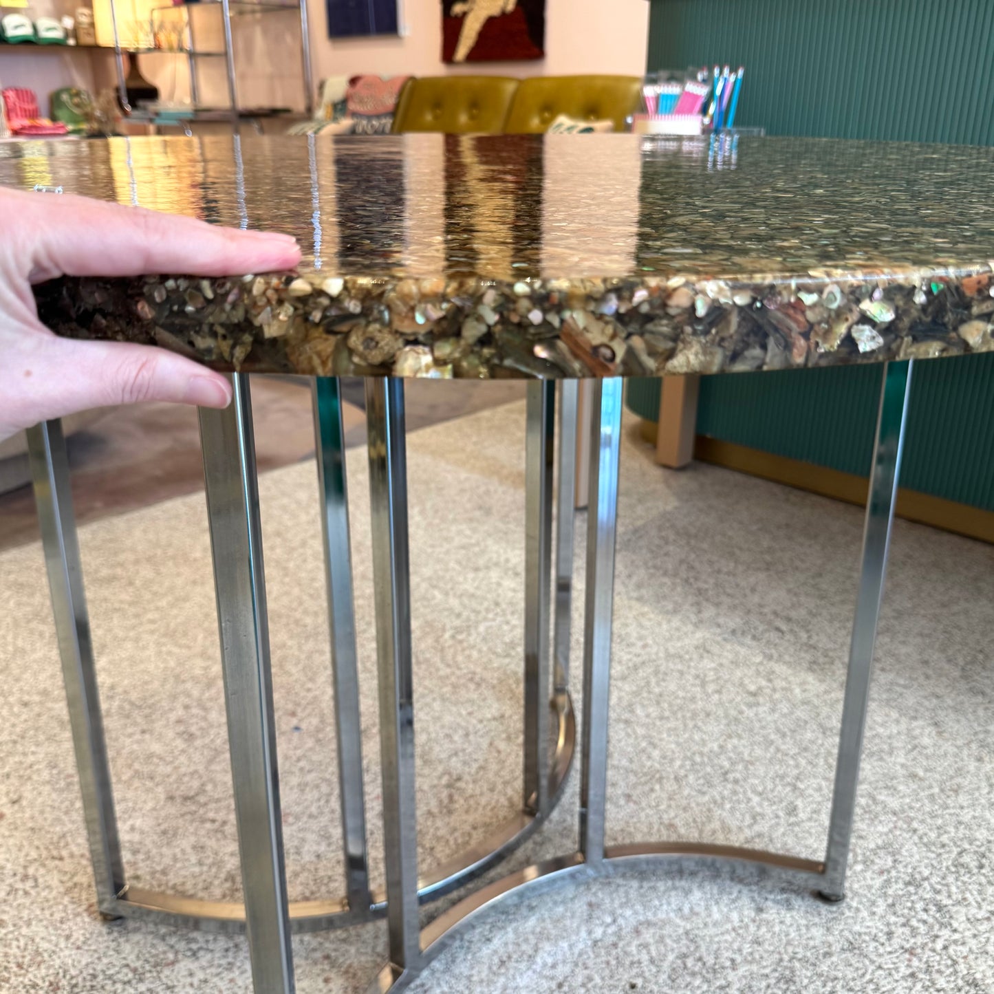 Vintage Abalone Shell Resin and Chrome Circular Dining Table