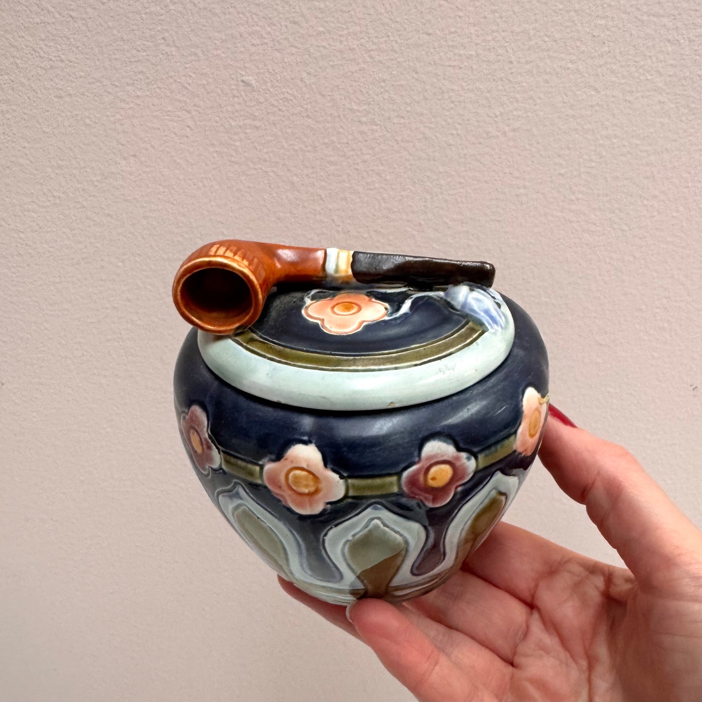 Antique Majolica Pipe Lidded Box