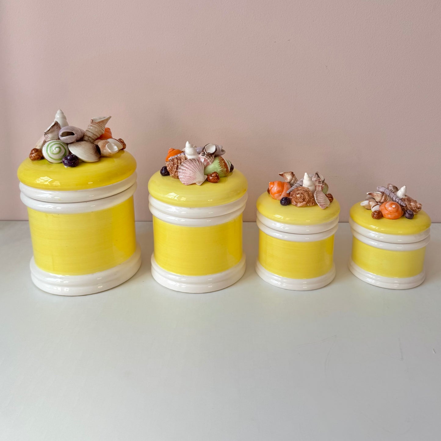Vintage Set of 4 Seymour Mann Yellow Ceramic Shell Canisters (as is)