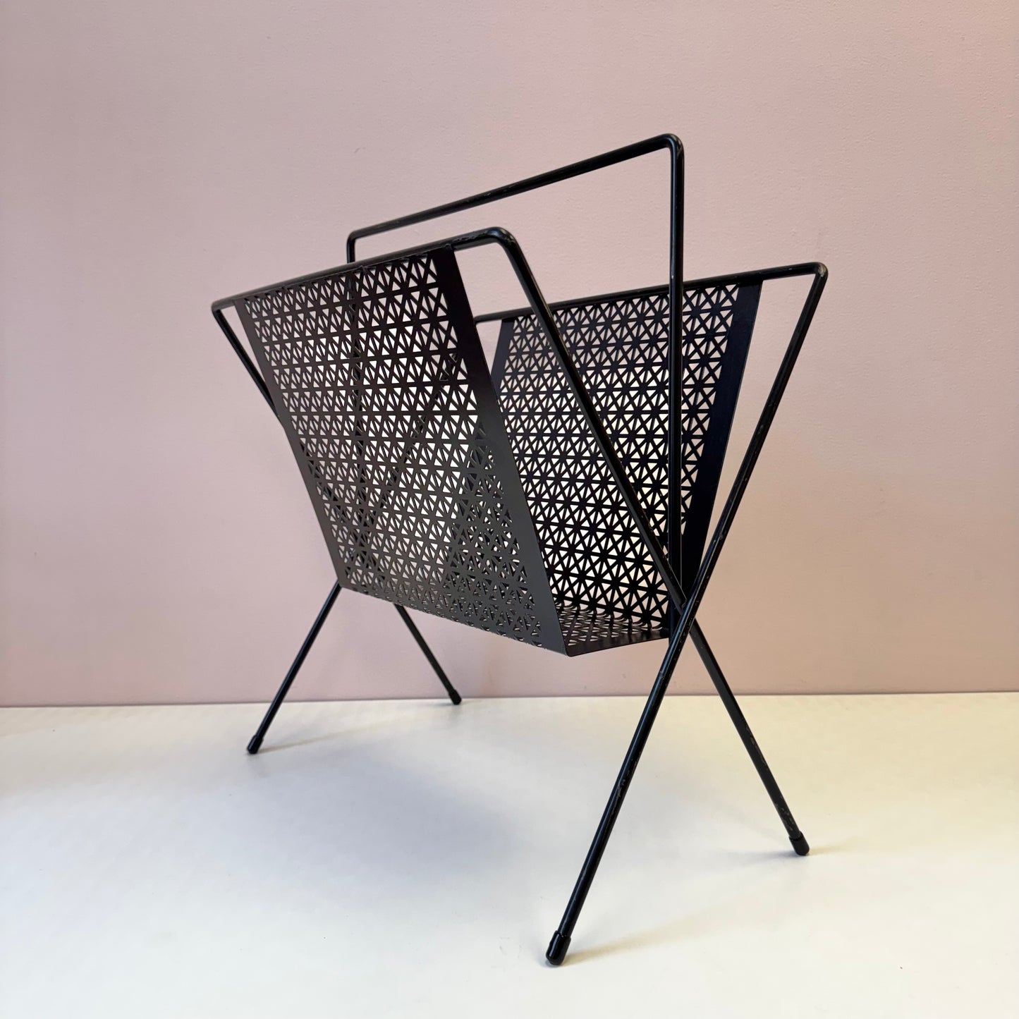Vintage Mid Century Black Perforated Metal Magazine Rack