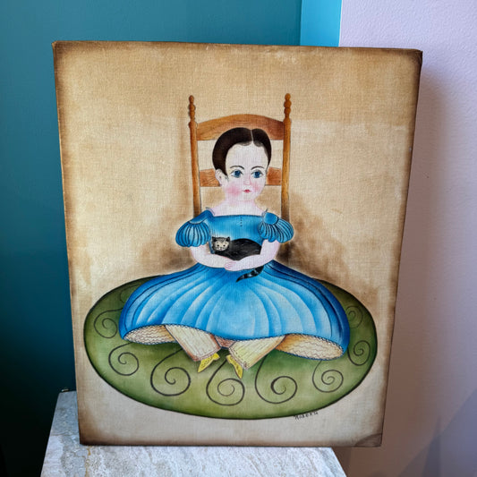 Vintage Girl with Cat Velvet Portrait - Signed and Dated