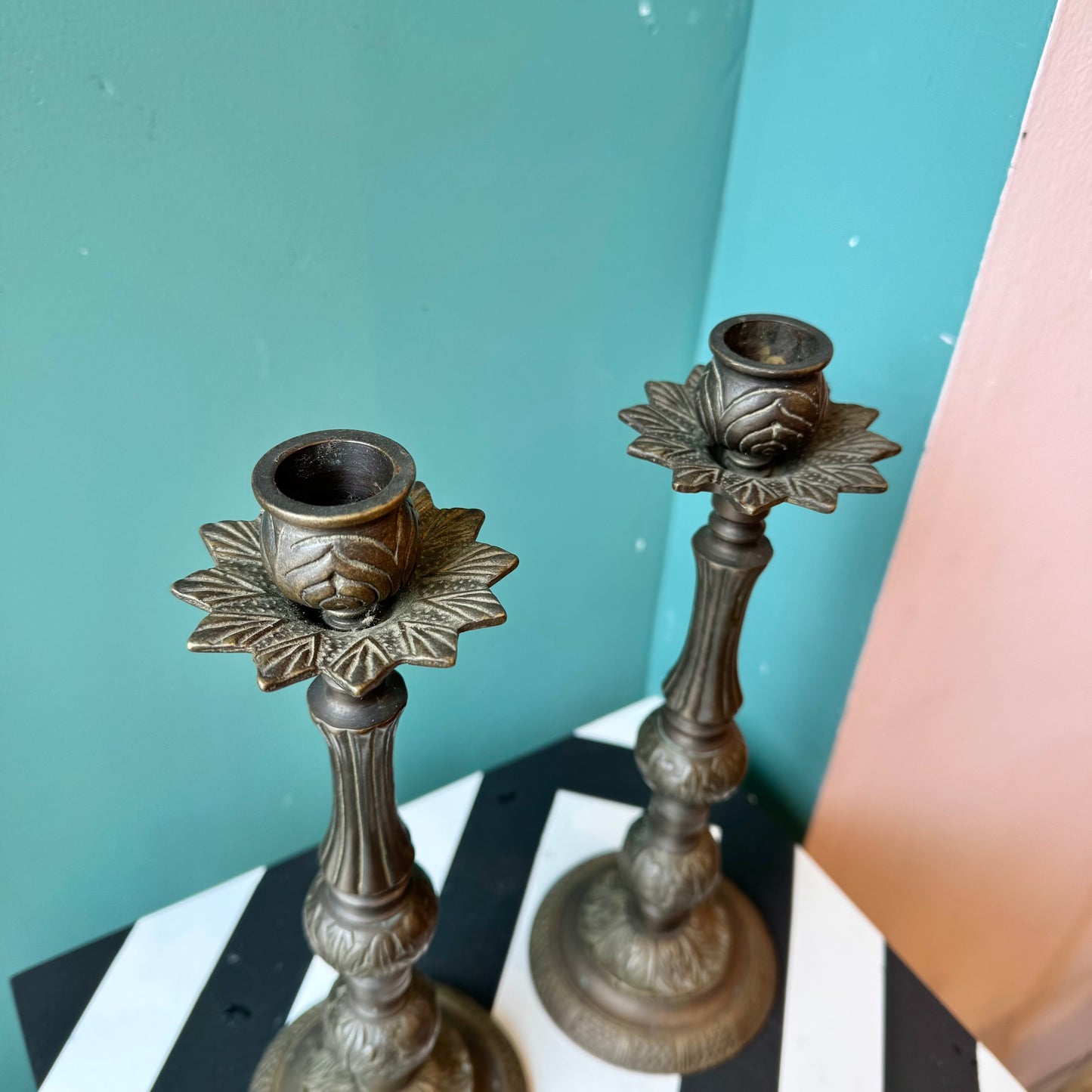 Vintage Pair Ornate Brass Candle Holders