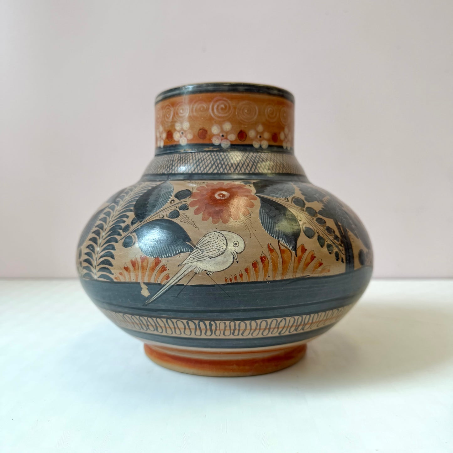 Vintage Hand Painted Mexican Tonala Pottery Vase