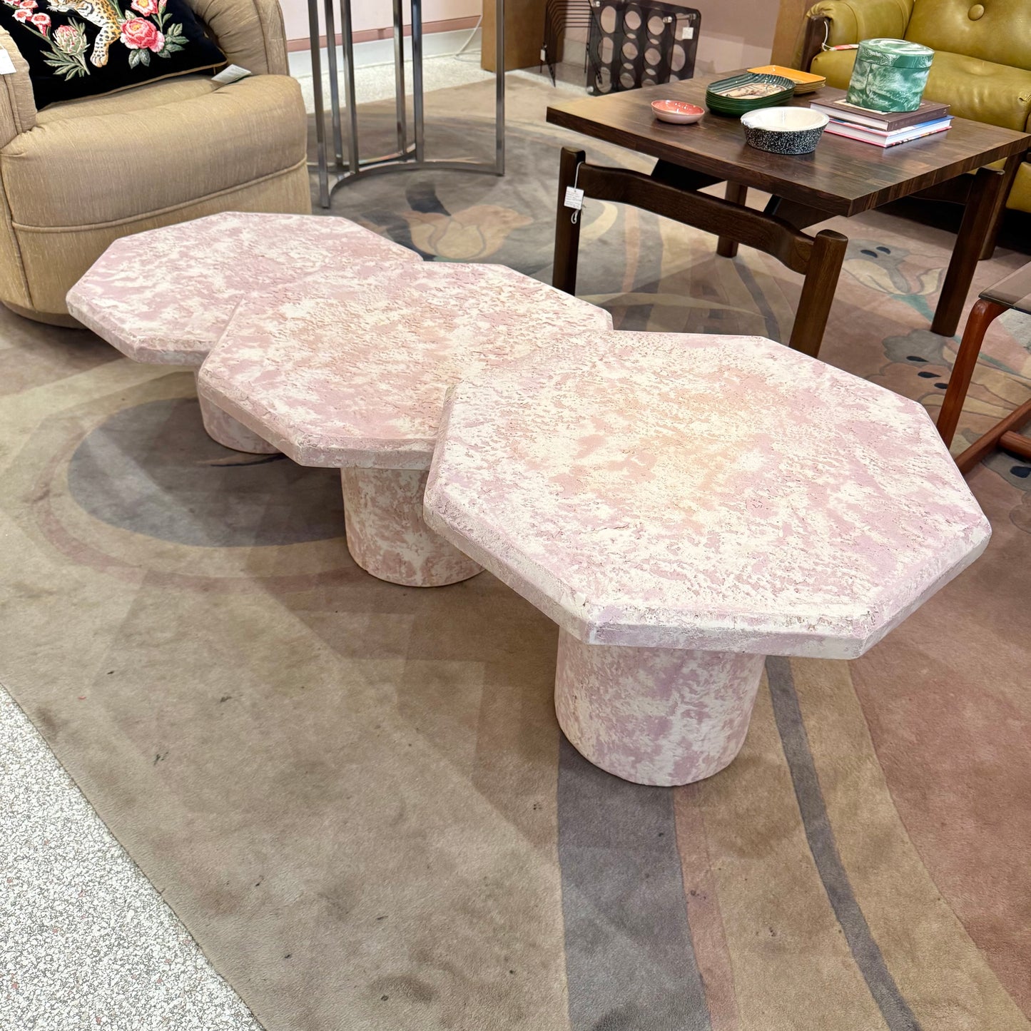 Vintage Set of 3 Pale Pink Octagonal Faux Stone Nesting Tables