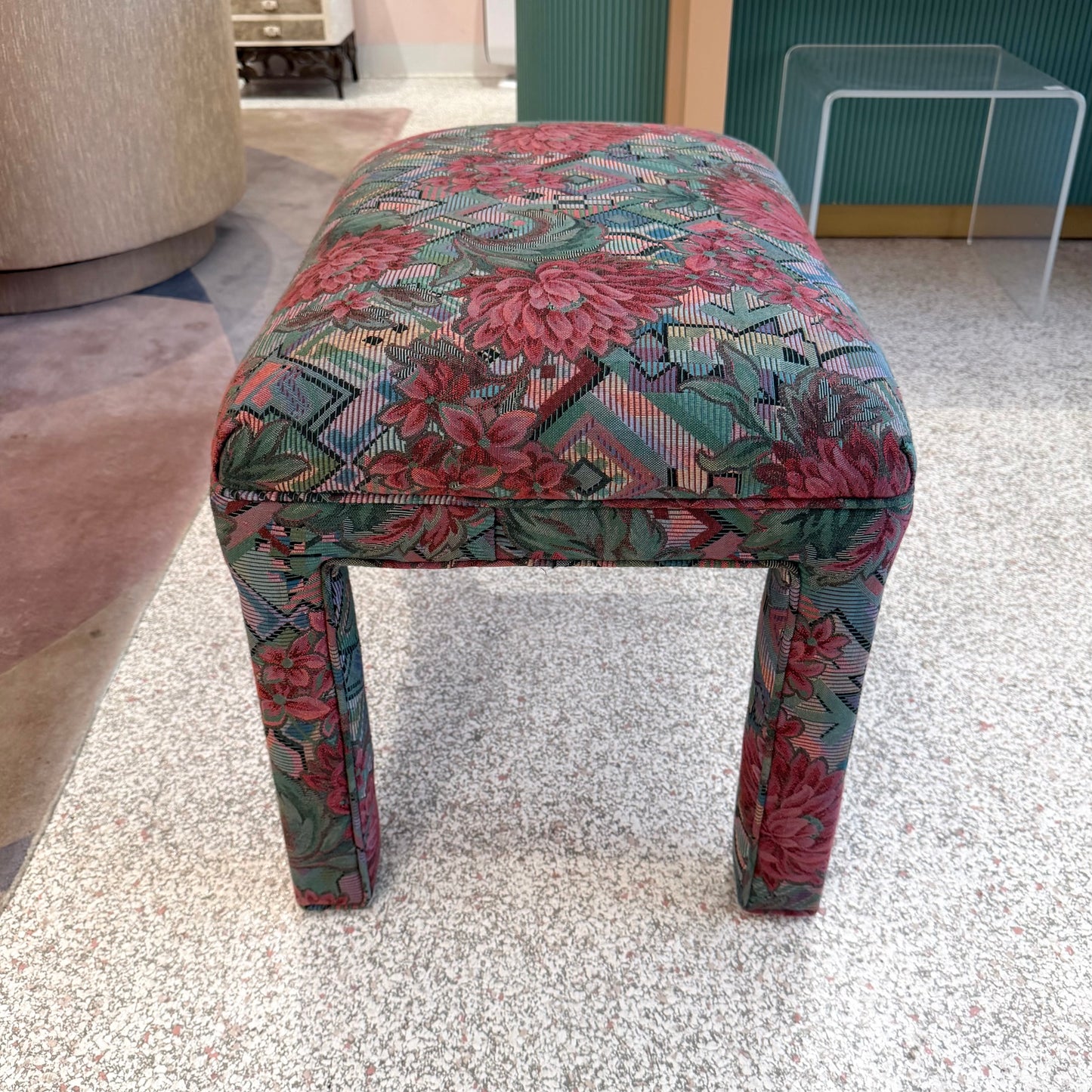 Vintage 1980’s Graphic Floral Upholstered Parson’s Ottoman Bench