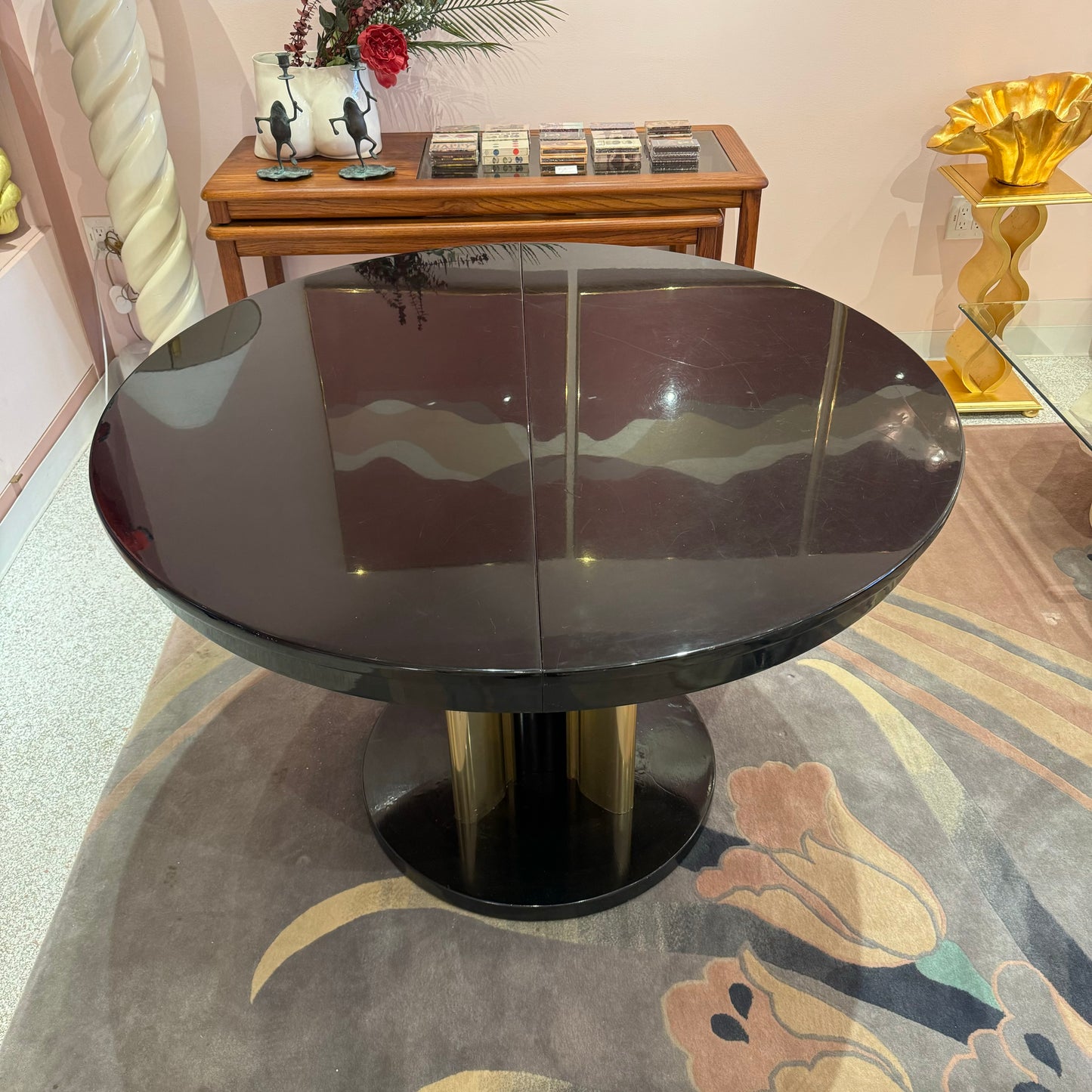 Vintage Extendable Black Lacquer and Brass Dining Table