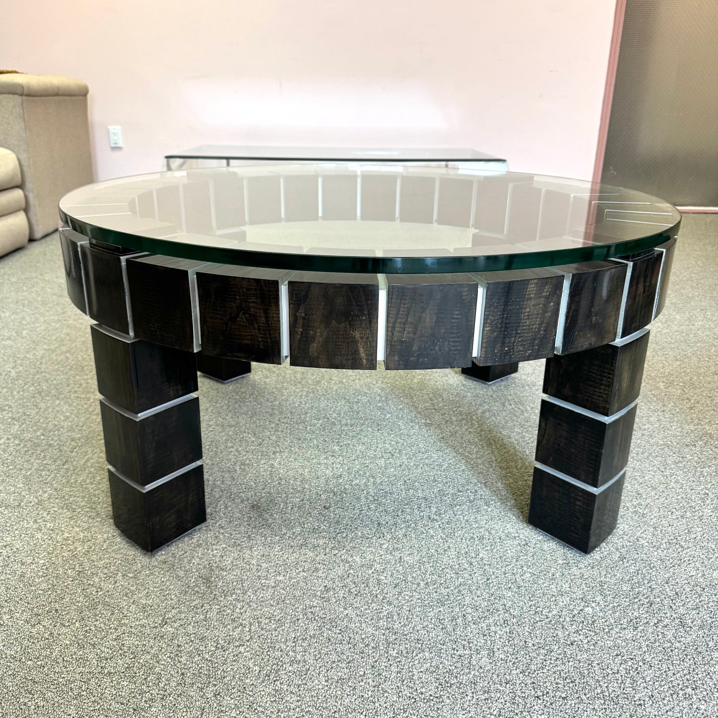 Vintage Postmodern Dark Wood Block and Glass Circular Coffee Table
