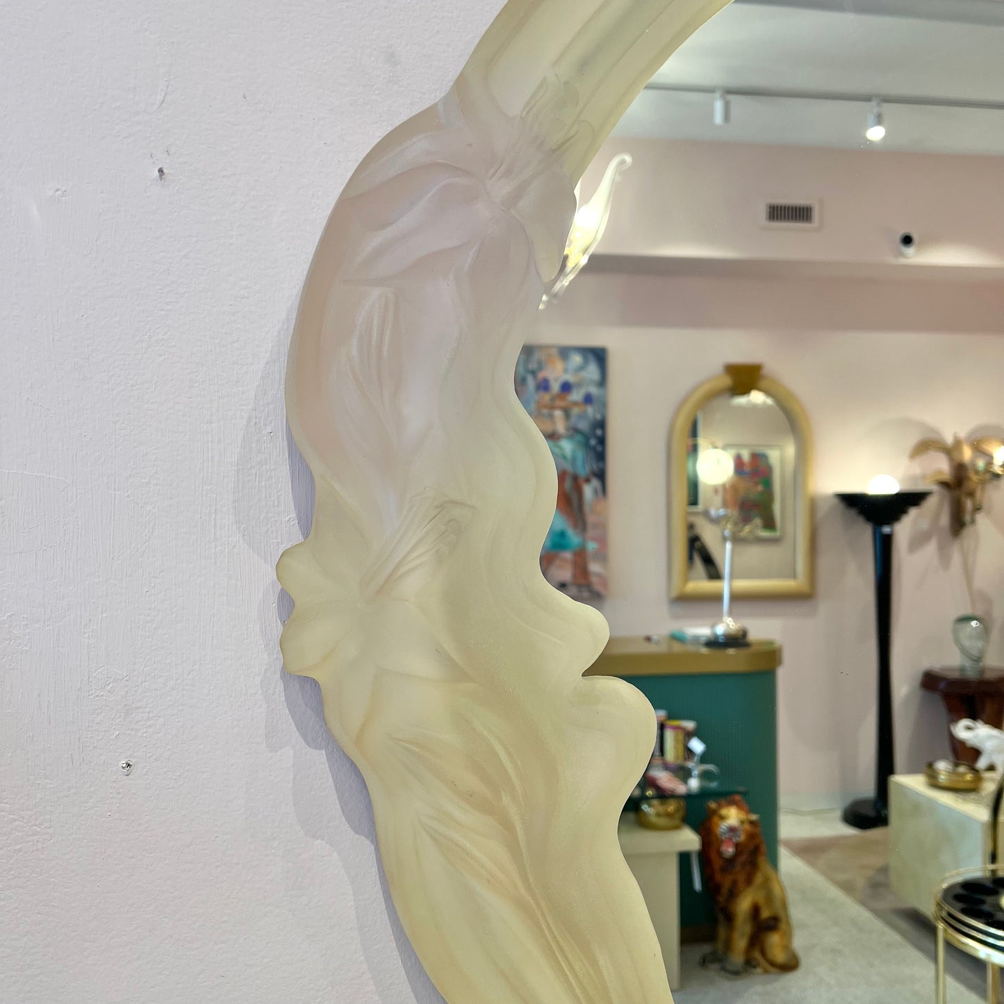 1984 Frosted Acrylic Art Nouveau Woman Mirror by Sculpture Ind.