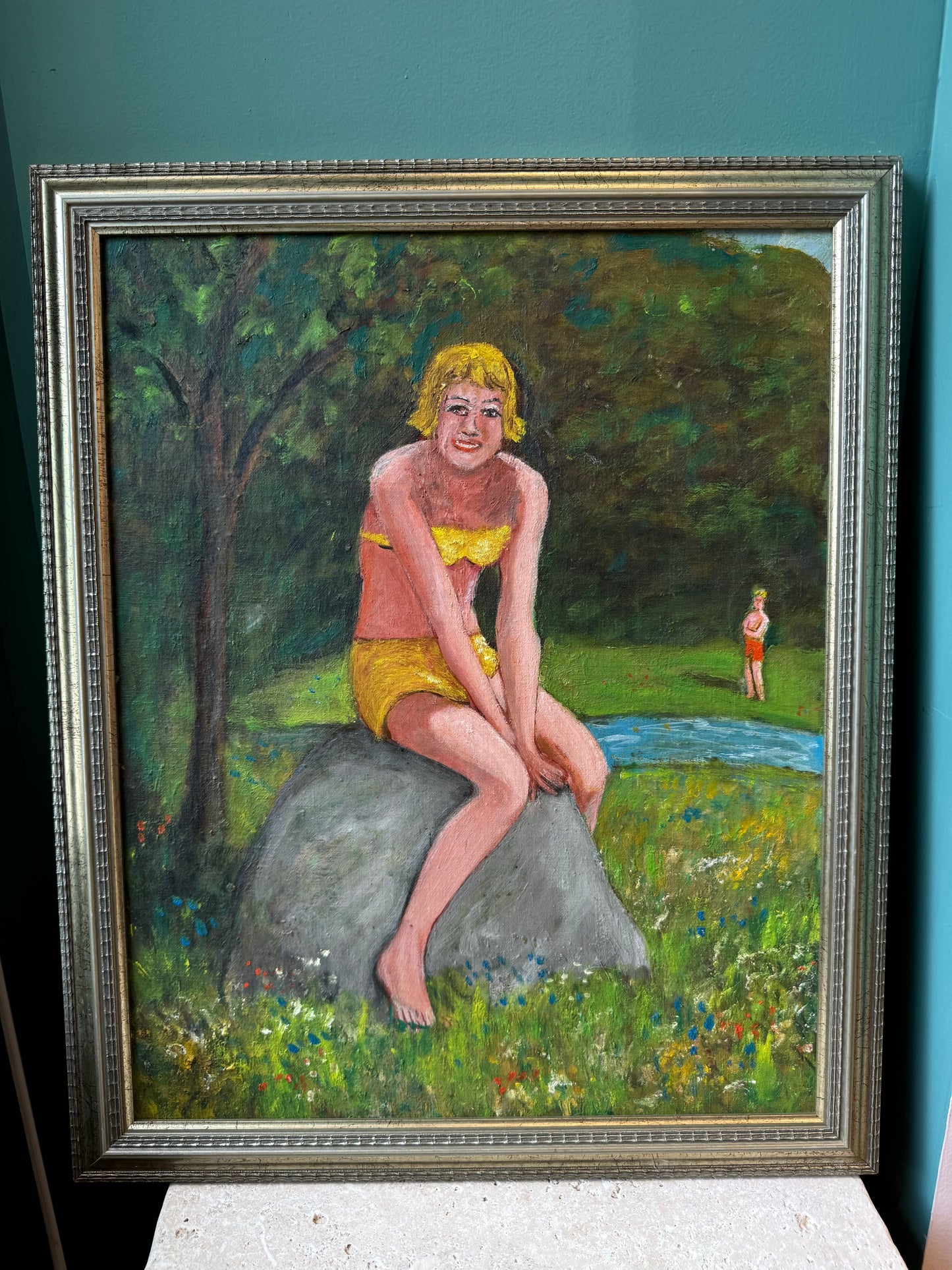 Vintage Original Framed “Bather by a Rock” Artwork