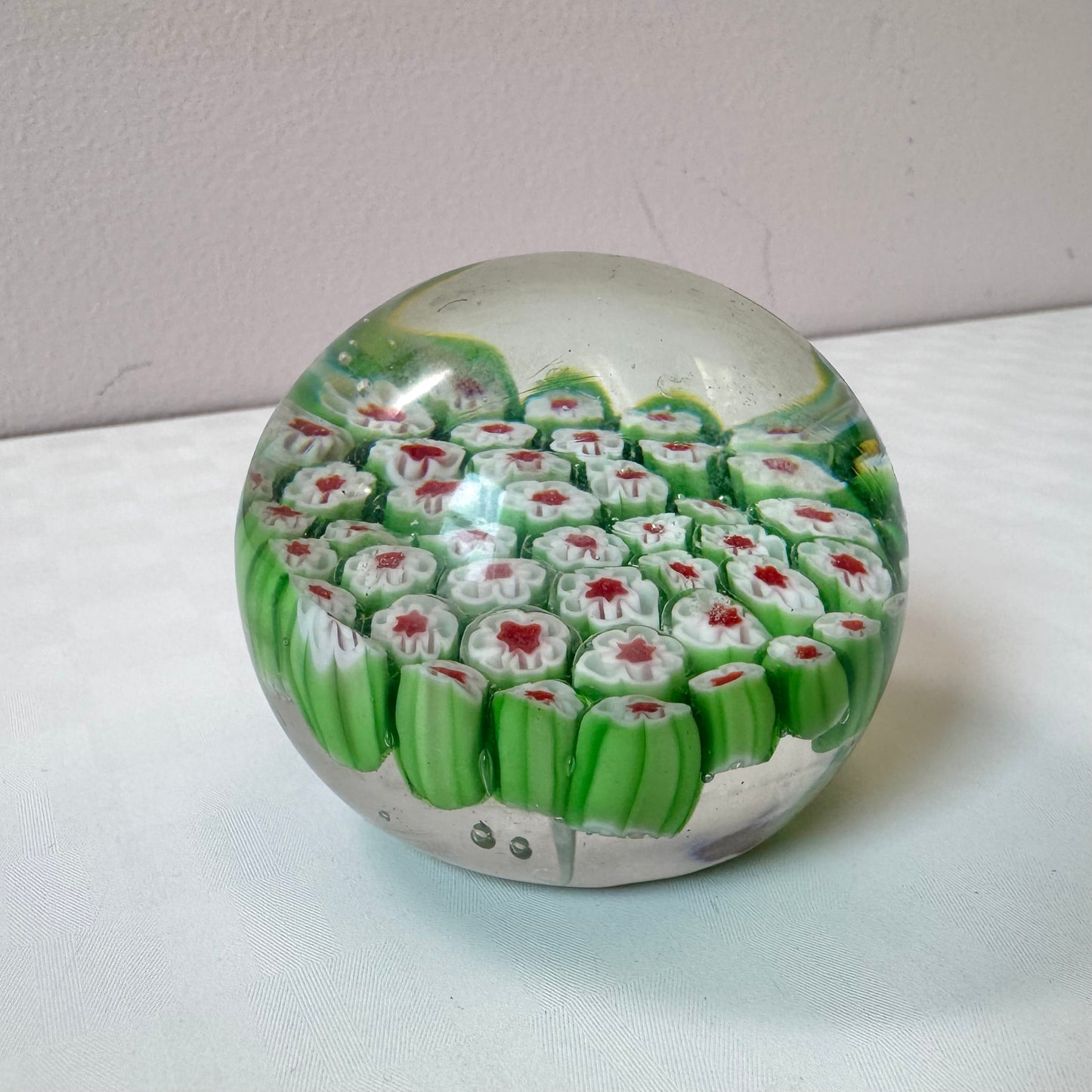 Vintage Green, Red and White Millefiori Paperweight