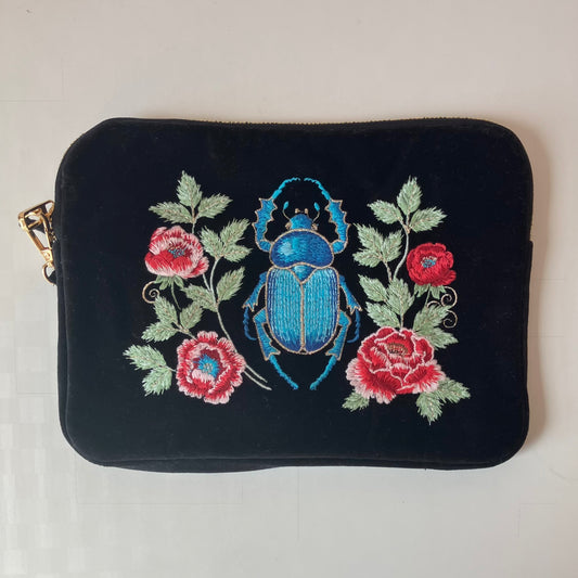 Black Velvet Embroidered Everything Pouch - Beetle