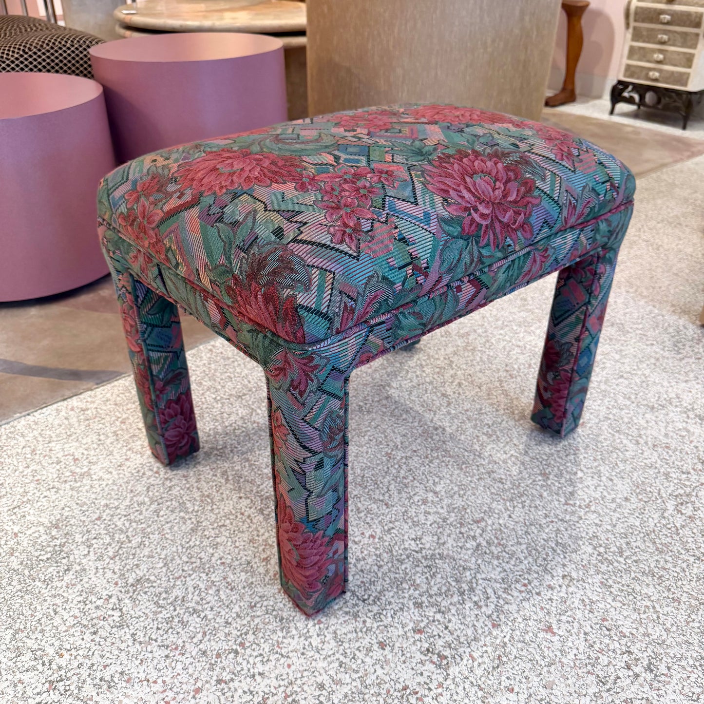 Vintage 1980’s Graphic Floral Upholstered Parson’s Ottoman Bench