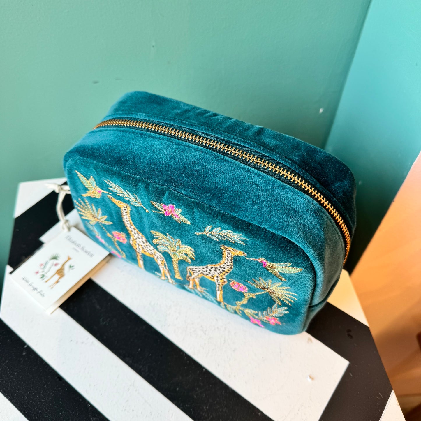 Rich Blue Wild Giraffe Palm Makeup Bag by Elizabeth Scarlett