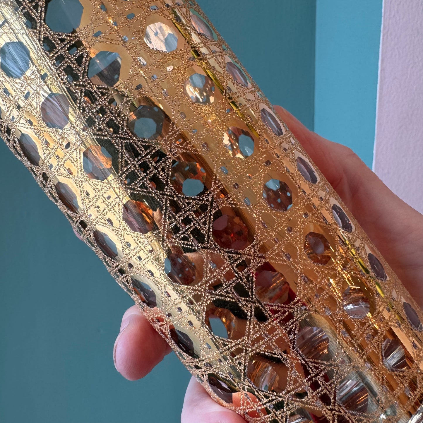 Set of 4 Vintage Gold Cannella Rattan Highball Glasses by Culver