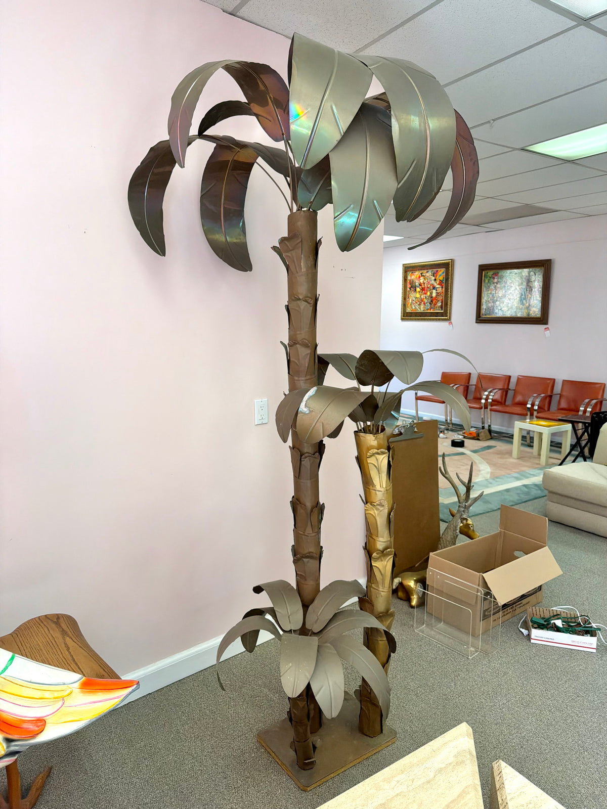 Vintage Tommaso Barbi Style Hollywood Regency Brass Palm Tree Sculpture