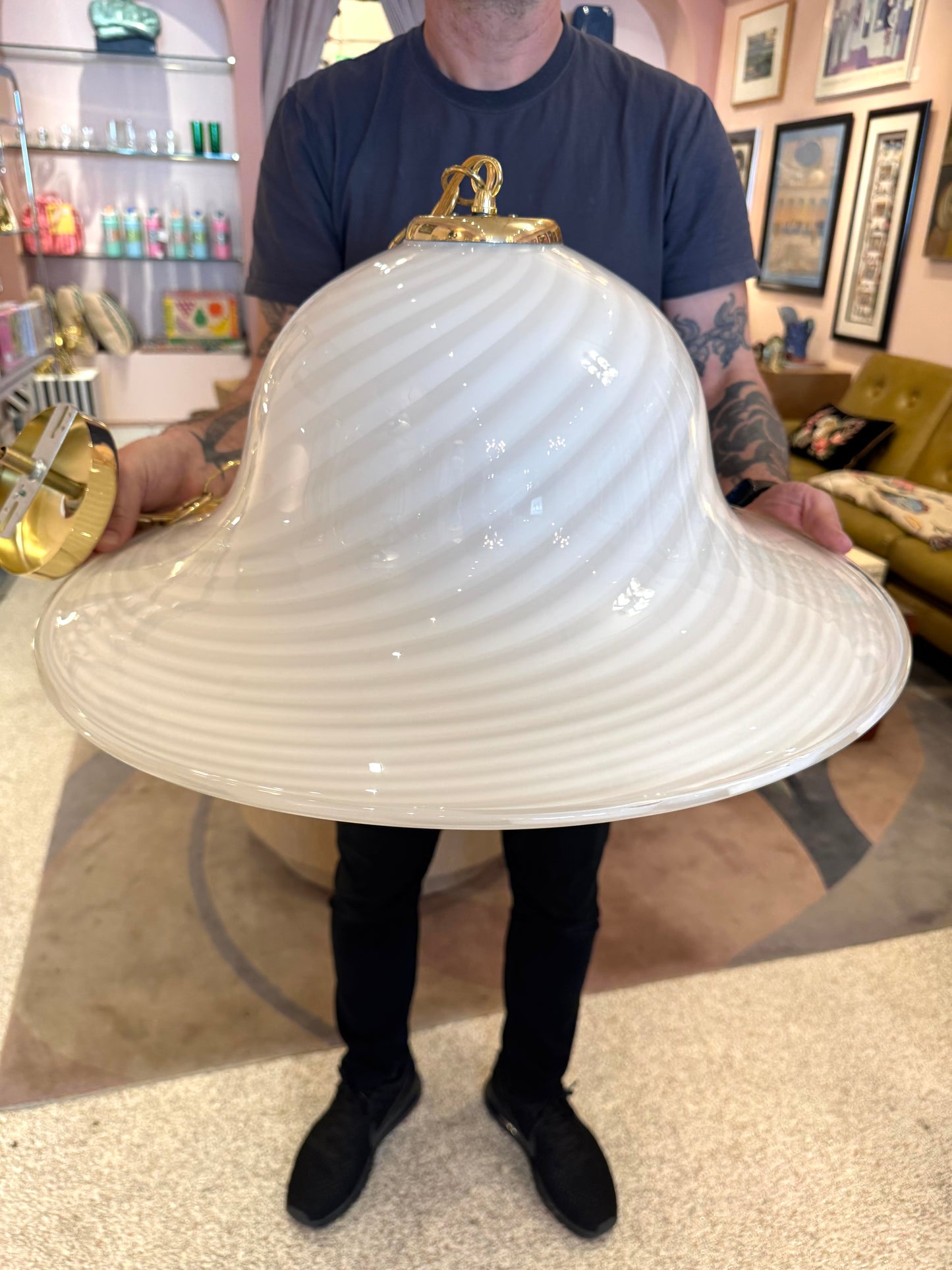 Vintage Large White Murano Glass Pendant Chandelier