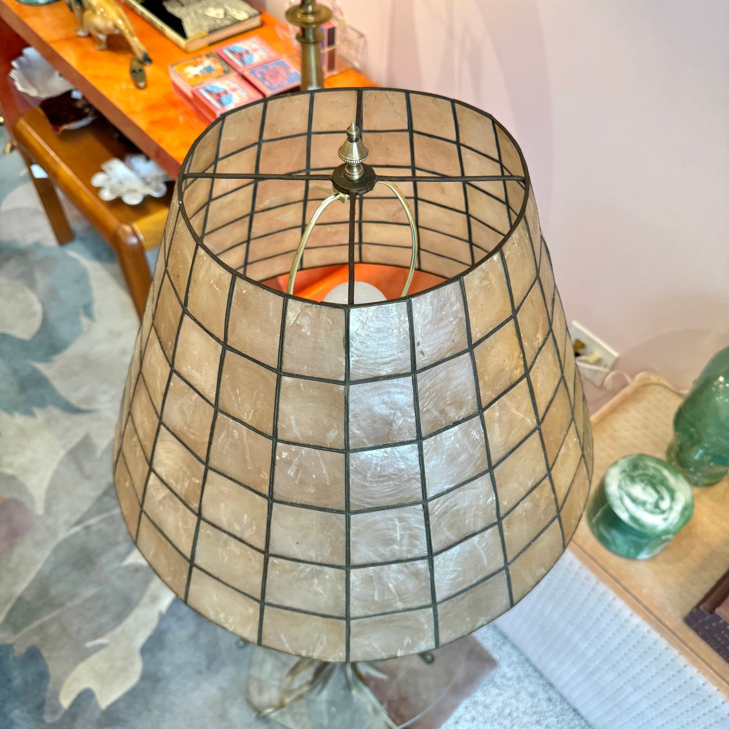 Vintage Capiz Shell Floor Lamp with Sheaf of Wheat Table