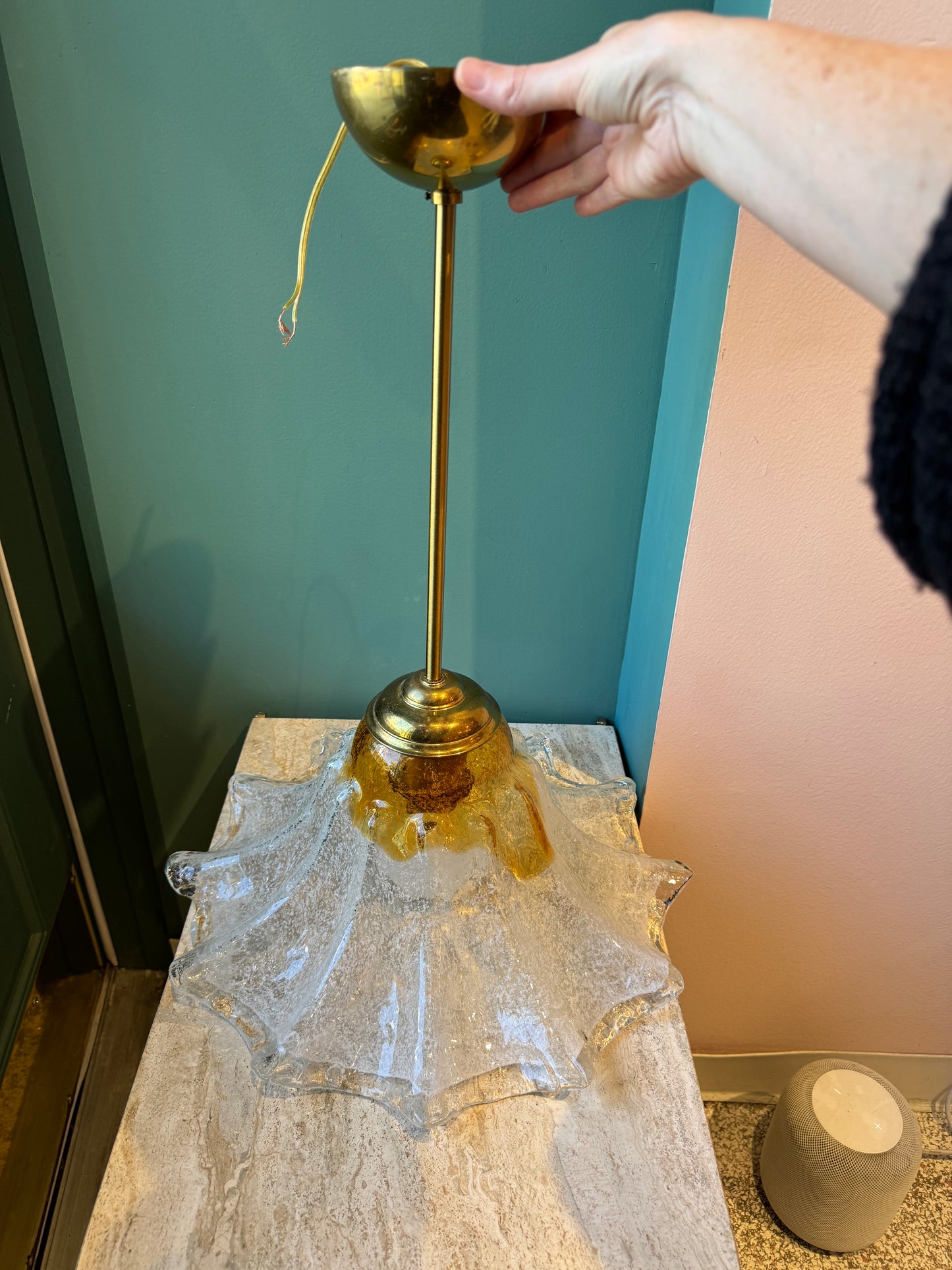 Vintage Two Tone Mazzega Style Glass Pendant Light Fixture