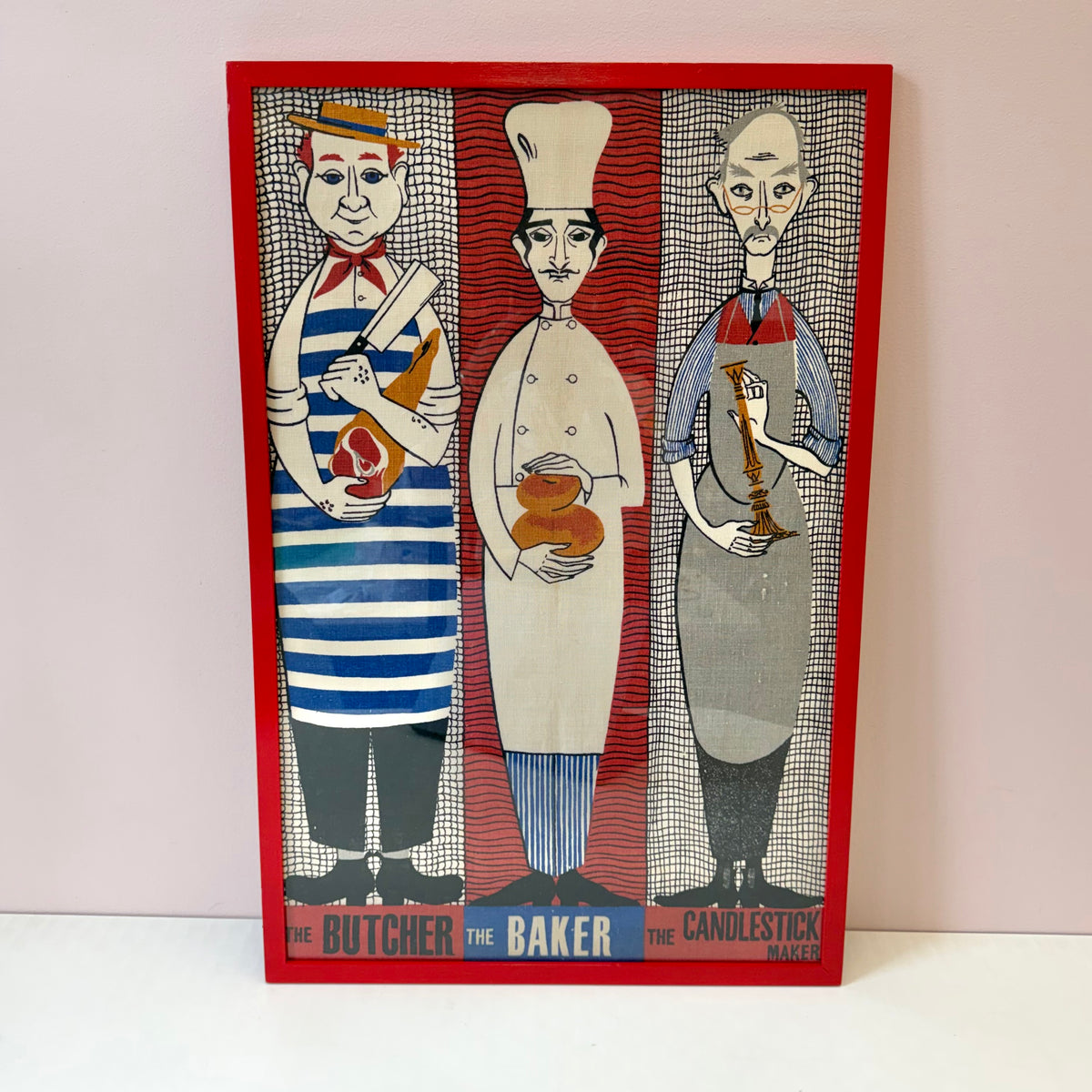 Vintage Framed "The Butcher, The Baker, The Candlestick Maker" Irish Linen Artwork