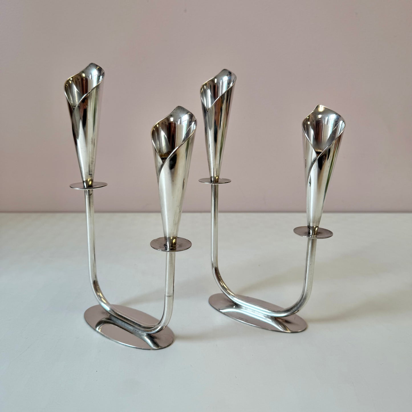 Pair of Mid-Century Danish Silver Plated Calla Lily Candlestick Holders by Hans Jensen