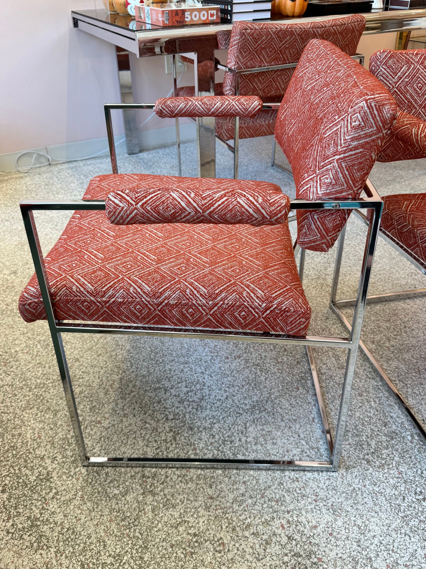 Vintage Set of 4 Milo Baughman '1188' Chrome and Orange Wool Dining Chairs
