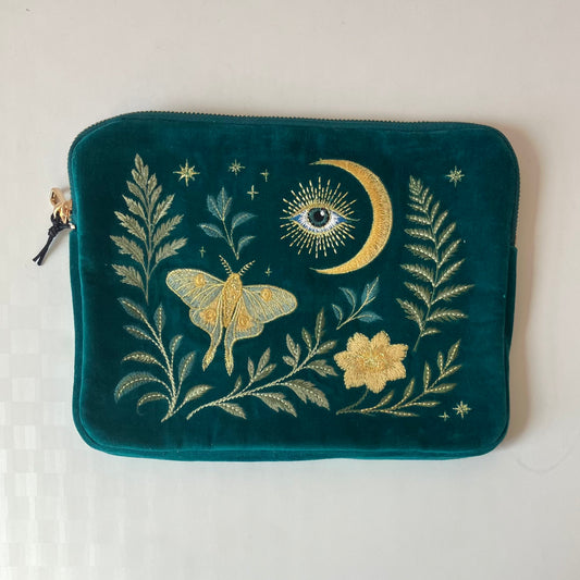 Green Velvet Embroidered Everything Pouch - Luna Moth & Crescent Moon
