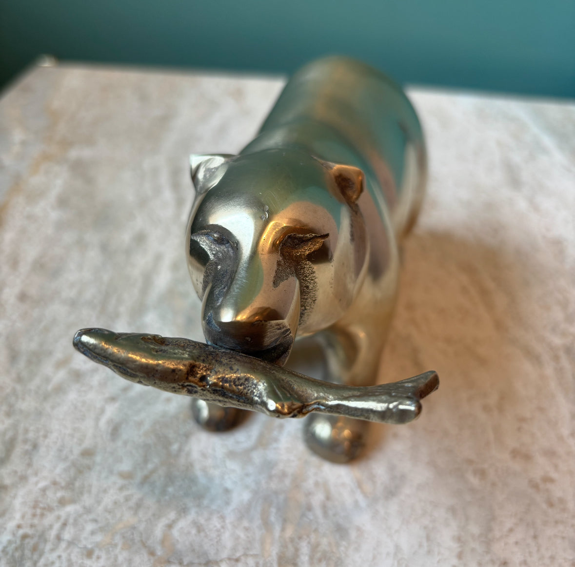 Vintage Brass Bear with Fish in Mouth Figurine