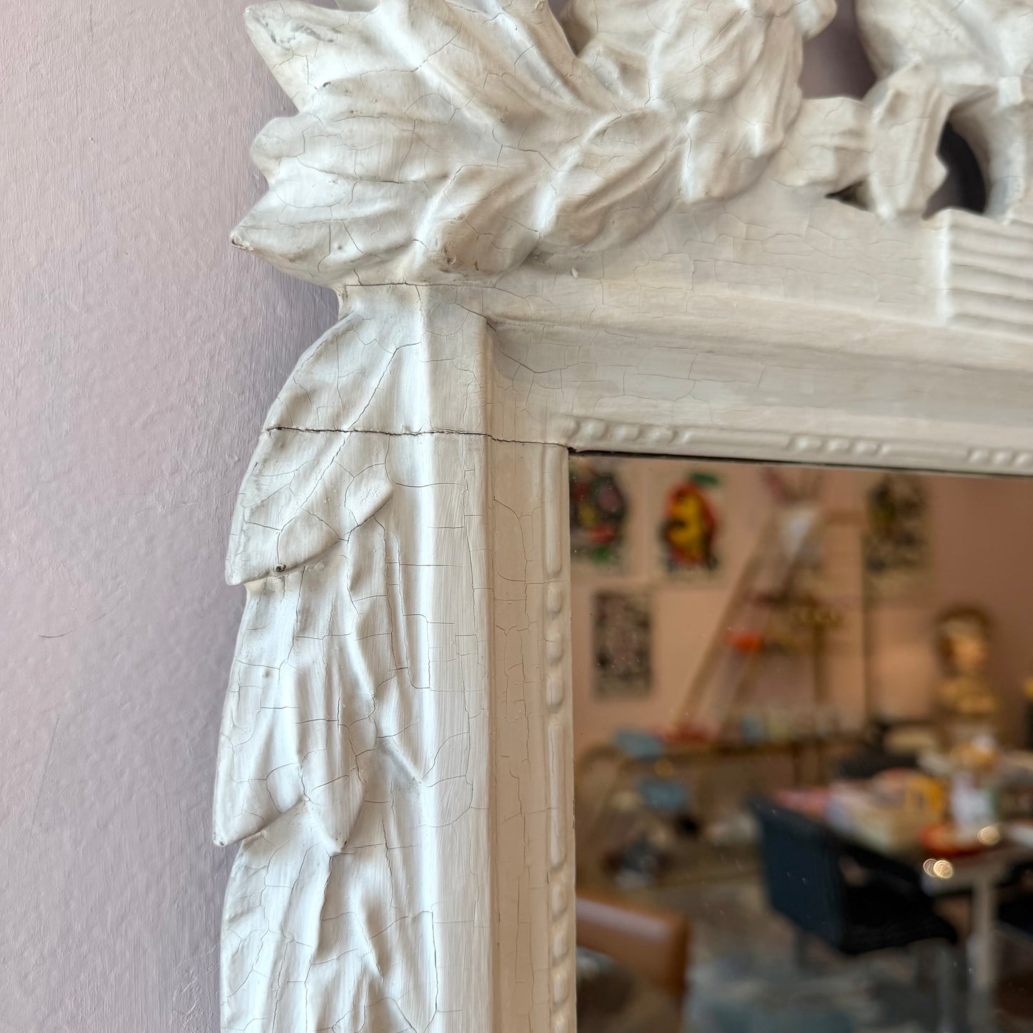 Vintage White Rococo Style Mirror with Carved Maiden Mask Crest