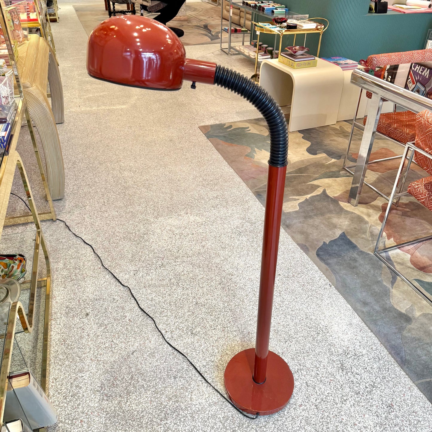 Vintage Postmodern Lightolier Style Red Gooseneck Floor Lamp