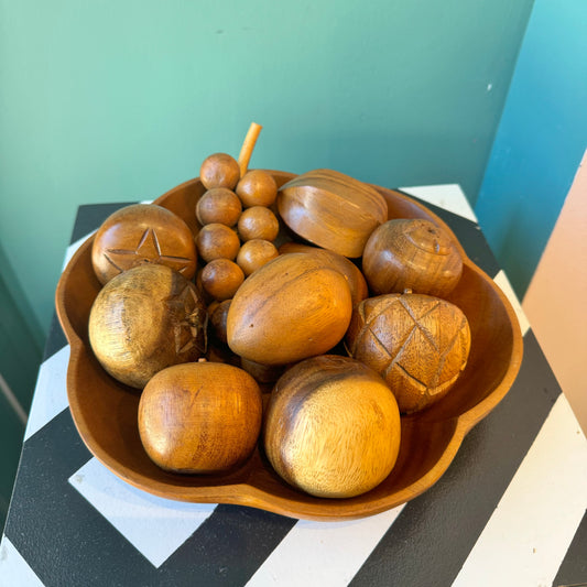 Mid Century Carved Monkey Pod Wooden Fruit and Bowl