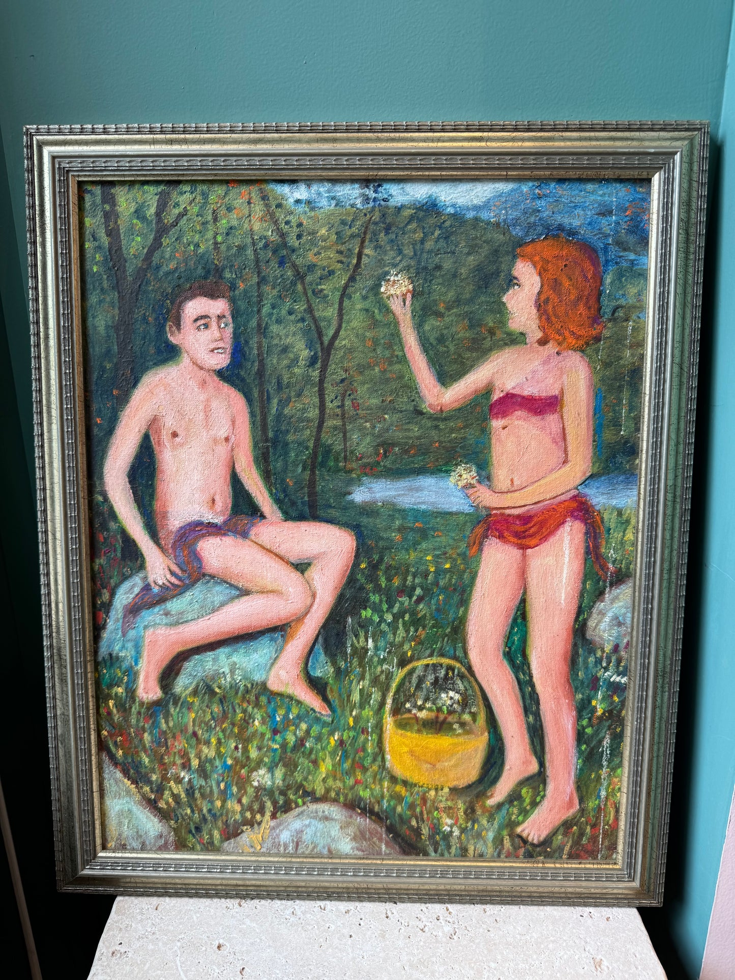 Vintage Original Framed “Couple by a Riverbank 2” Artwork