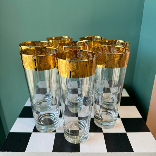 Set of 8 Mid Century Cera Style Gold Grape and Vine Highball Glasses