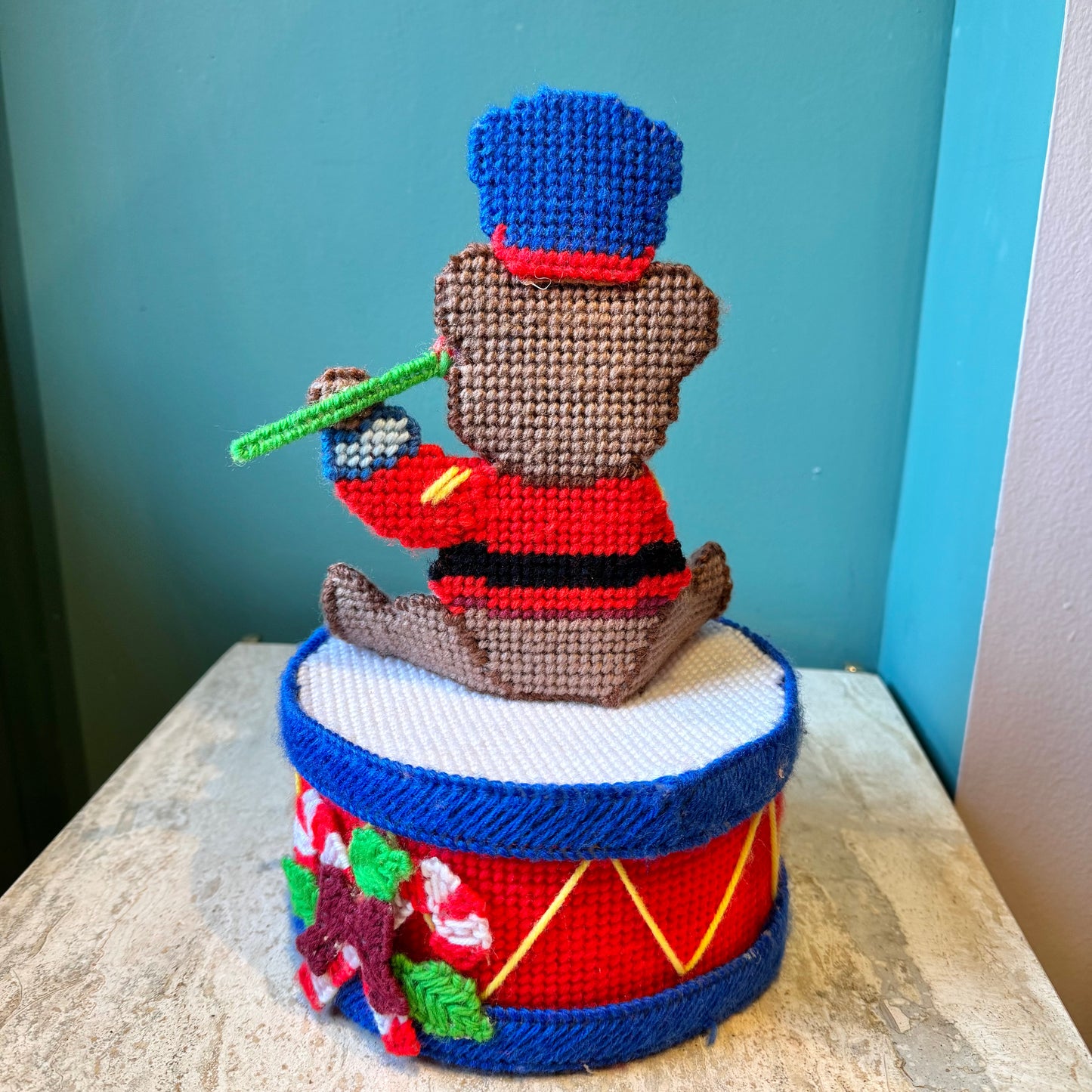 Vintage Crochet Drummer Bear Box
